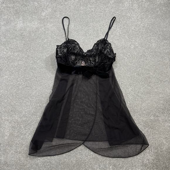 Victorias Secret NWT Slip Dress Black Babydoll Chemise Bow Sz Med Lace Coquette - Picture 1 of 11